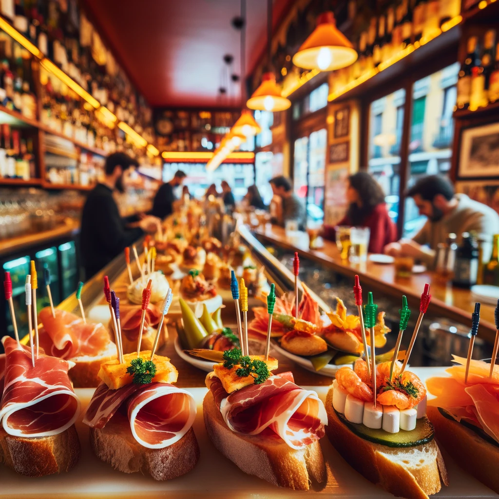 Un bar espagnol animé avec une variété de pinchos exposés sur le comptoir