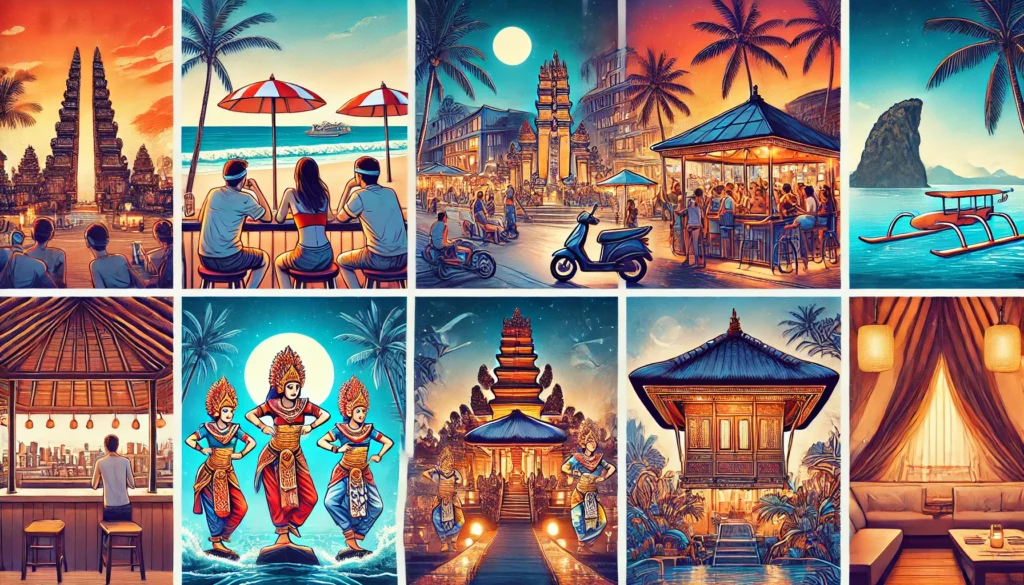 Scènes de la vie nocturne à Bali, incluant des bars de plage animés à Seminyak, des nightclubs à Kuta, des performances de danse traditionnelle à Uluwatu, et des bars décontractés à Canggu.