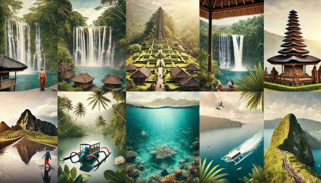 Diverses excursions d'une journée à Bali, incluant l'exploration des cascades de Sekumpul, la visite du village traditionnel de Tenganan, le snorkeling autour de l'île de Menjangan et la randonnée à travers la verdure luxuriante de Sidemen.