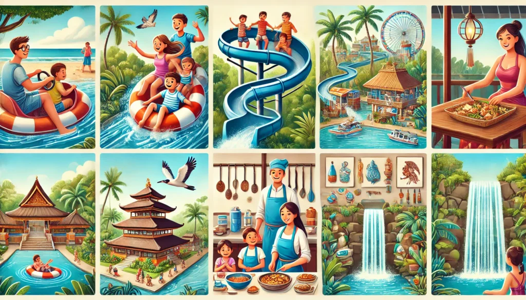 Activités adaptées aux familles à Bali, incluant des toboggans aquatiques dans un parc aquatique, des familles explorant le Bali Safari and Marine Park, des enfants participant à un cours de cuisine balinaise traditionnel, et des familles visitant le Bali Bird Park.