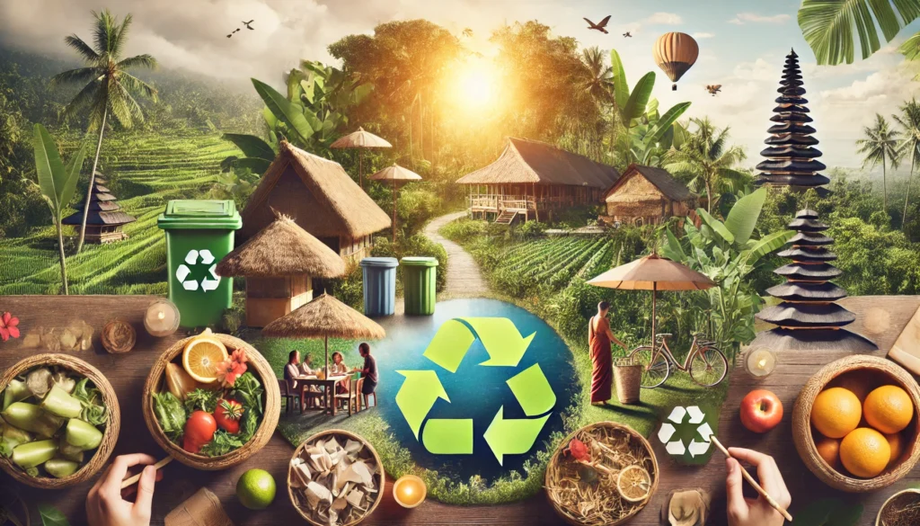 Initiatives de durabilité et d'écotourisme à Bali, incluant des programmes de recyclage communautaires, de l'agriculture biologique, des hébergements écoresponsables et des ateliers éducatifs sur la conservation environnementale.