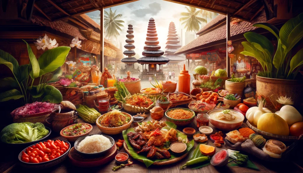 Plats traditionnels balinais tels que le Nasi Goreng, le Babi Guling, le Bebek Betutu et le Lawar, présentés dans un marché vibrant avec des ingrédients et des épices colorés, ainsi qu'un cours de cuisine où les touristes apprennent à préparer ces plats.