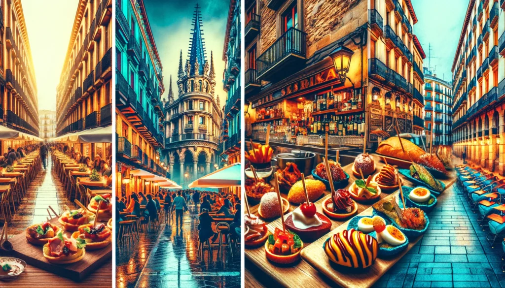 Collage montrant des bars à pinchos à San Sebastián, Madrid et Barcelone