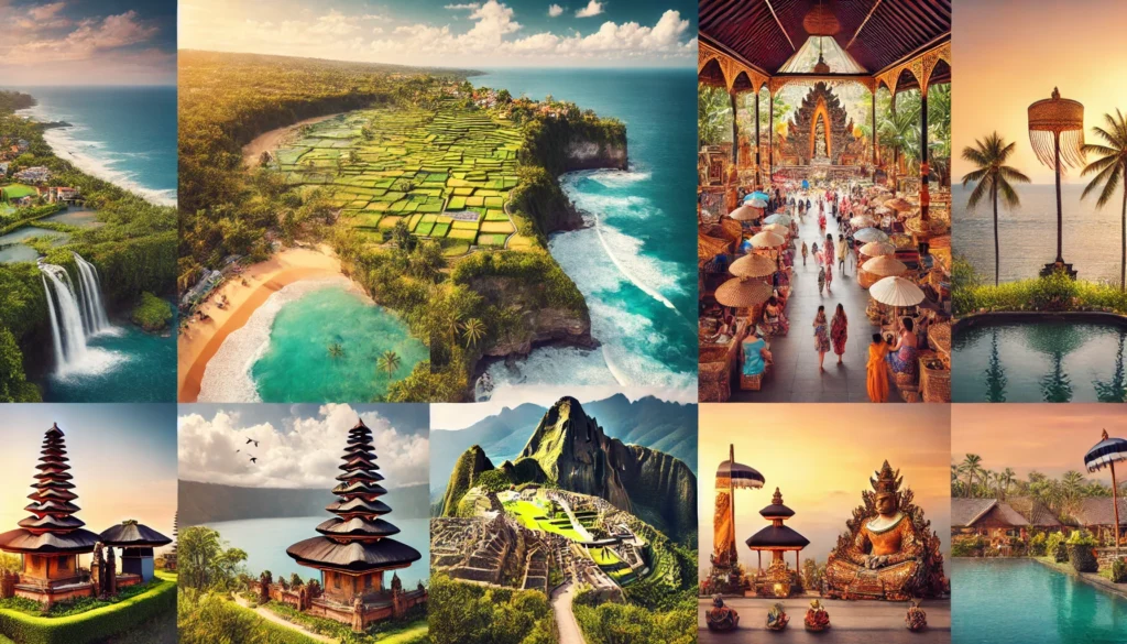 Divers points d'intérêt à Bali, comprenant des plages magnifiques, des temples sacrés et des rizières en terrasses.