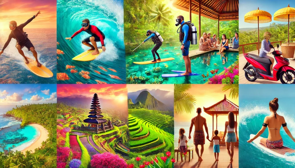 Une variété d'activités à Bali, incluant le surf, la plongée sous-marine, la randonnée et la méditation.