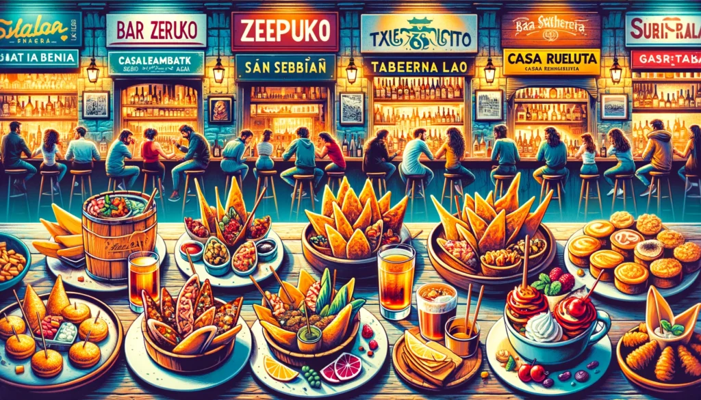 Scène vibrante de bars populaires en Espagne avec des pinchos sur le comptoir