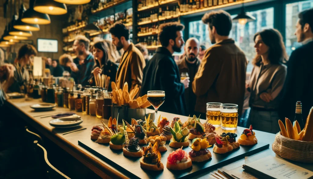 Un bar espagnol animé avec des pinchos magnifiquement présentés sur le comptoir