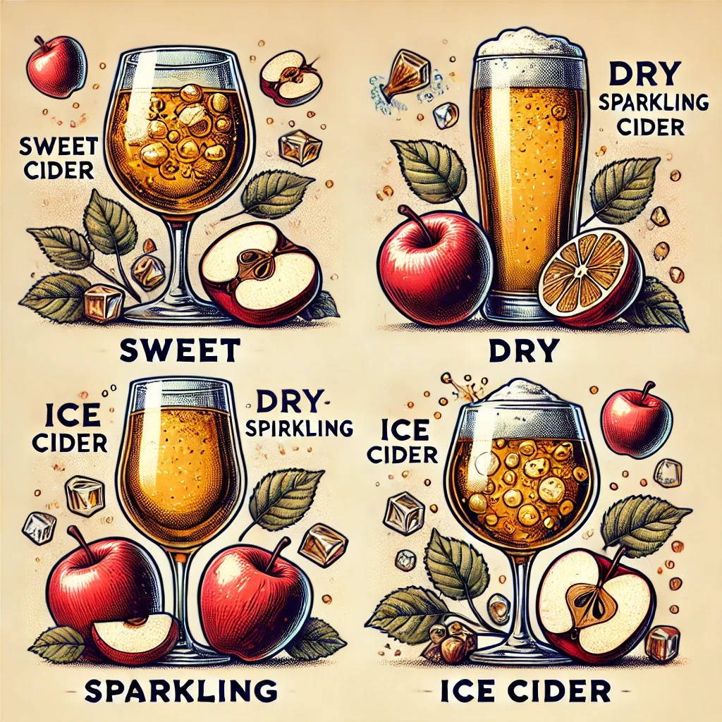 Différents types de cidres avec des verres de cidre et des pommes.