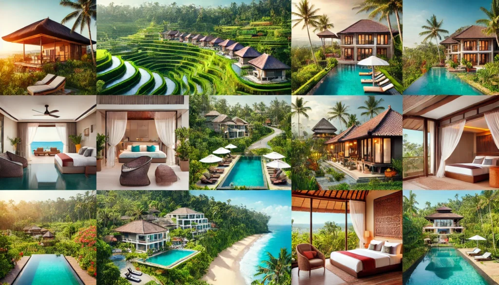 Une sélection d'hébergements à Bali, incluant des villas de luxe avec piscines privées, des hôtels boutique dans la jungle, des resorts en bord de mer et des guesthouses traditionnelles balinaises.