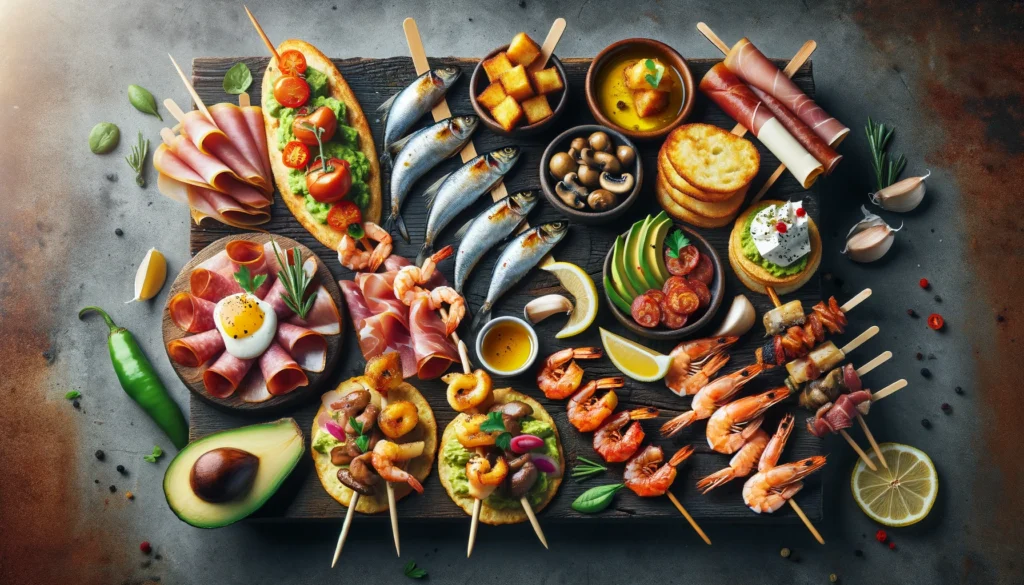 Une sélection de pinchos joliment arrangés sur une planche en bois