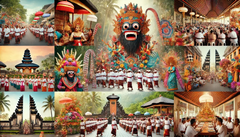 Scènes de festivals et d'événements culturels à Bali, avec des danseurs traditionnels en costumes colorés, la parade Ogoh-Ogoh, des cérémonies de temple et des célébrations de Galungan et Kuningan.