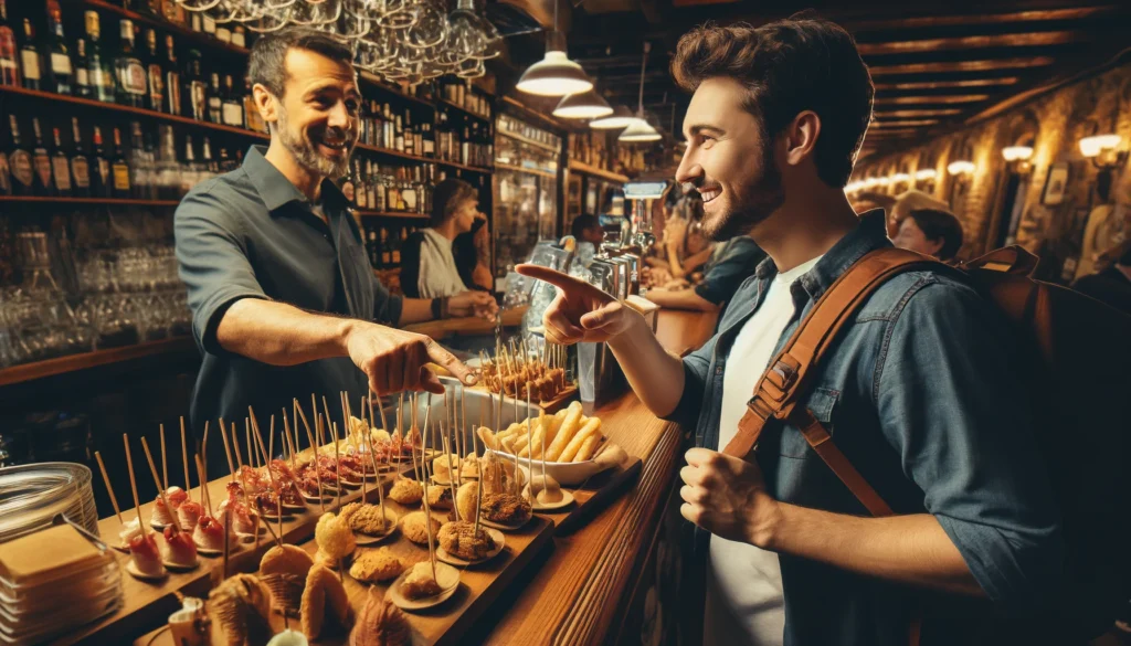 Un voyageur commandant des pinchos dans un bar espagnol animé