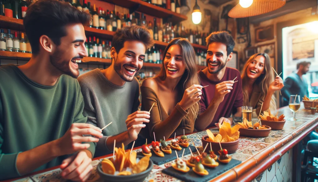 Un groupe d'amis partageant des pinchos dans un bar espagnol convivial