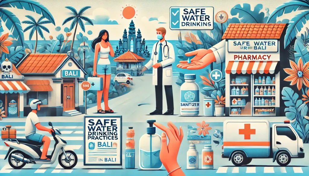 Divers aspects de la santé et de la sécurité à Bali, incluant une clinique moderne avec des professionnels de la santé, des touristes utilisant du désinfectant pour les mains, un panneau promouvant des pratiques d'eau potable sécurisées, et une pharmacie locale.