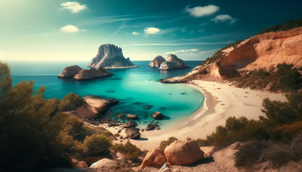 Une vue d'une plage isolée à Ibiza, avec des eaux turquoise et des formations rocheuses pittoresques sous un ciel bleu clair. La scène est paisible et idyllique.