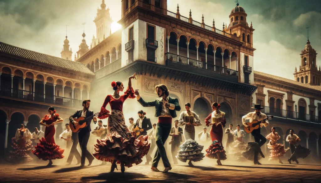 Une scène d'un spectacle de flamenco à Séville, avec des danseurs en tenues traditionnelles vibrant au rythme de la musique. En arrière-plan, l'architecture andalouse ajoute une touche d'authenticité à l'atmosphère.