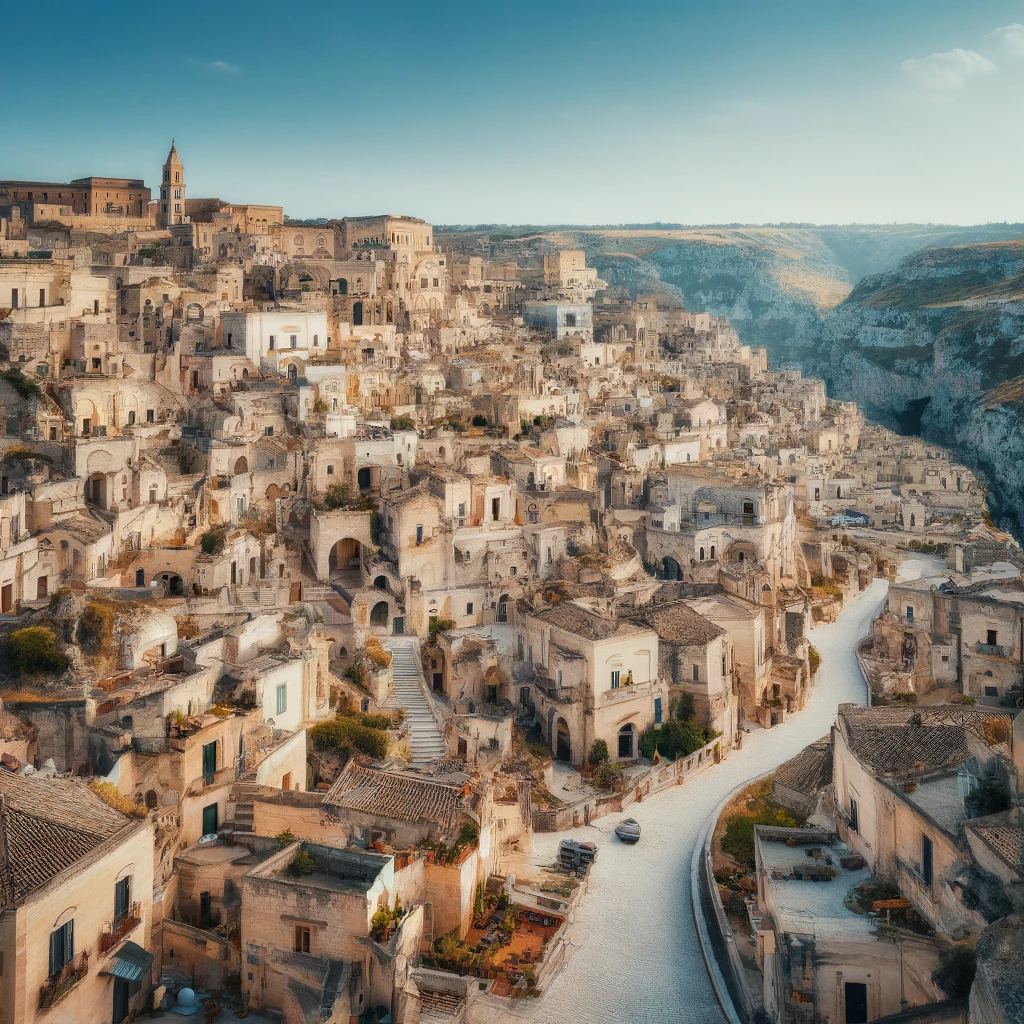 Illustration des habitations troglodytiques de Matera, Italie.