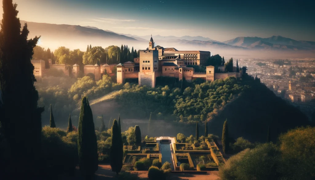 Une vue de l'Alhambra à Grenade avec les jardins du Generalife au premier plan, sous un ciel bleu clair. La scène capture la beauté et la majesté de l'architecture mauresque.