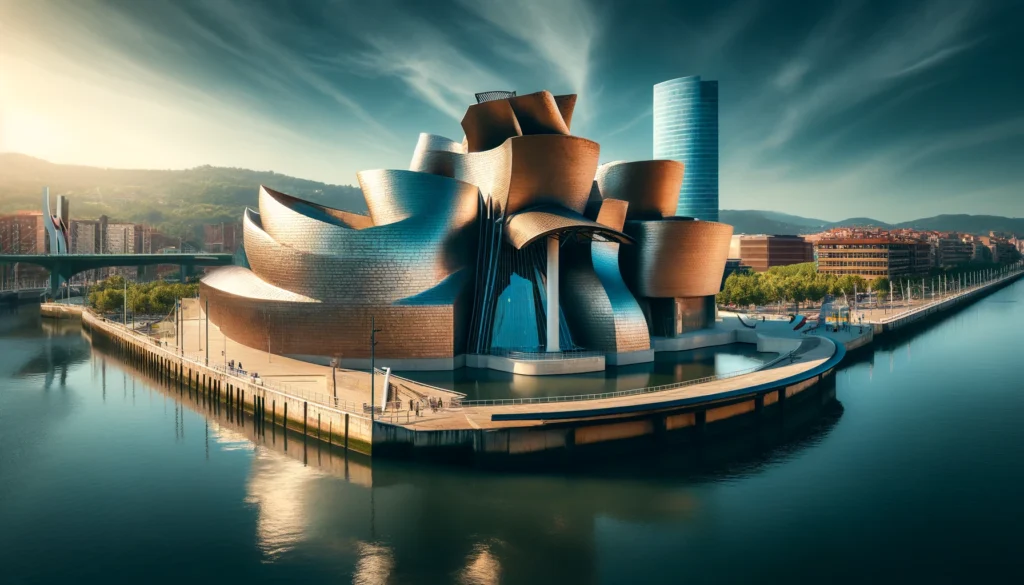 Une vue du Musée Guggenheim de Bilbao au bord de la rivière Nervión, avec son architecture contemporaine unique et réfléchissante sous un ciel ensoleillé.