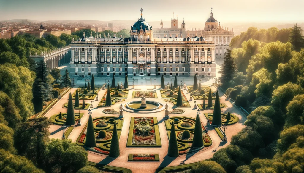 Une vue panoramique du Palais Royal de Madrid, avec ses jardins magnifiquement entretenus au premier plan. La scène est ensoleillée, mettant en valeur la grandeur et l'élégance de l'architecture baroque.