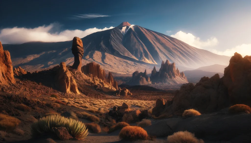 Une vue du Parc national du Teide à Tenerife, avec le Mont Teide en arrière-plan sous un ciel clair, et des formations rocheuses volcaniques au premier plan.