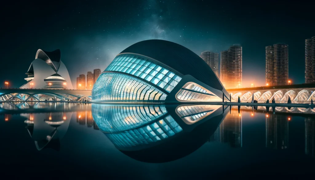 Une vue nocturne de la Cité des Arts et des Sciences à Valence, avec ses bâtiments illuminés reflétant sur l'eau. L'ambiance est futuriste et spectaculaire.