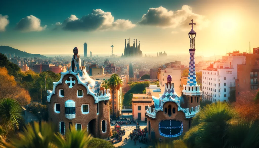 Une vue panoramique de Barcelone depuis le Parc Güell, avec la Sagrada Familia visible à l'horizon, entourée de l'architecture colorée et organique de Gaudí. La scène est baignée de lumière du soleil, mettant en valeur la vivacité de la ville.