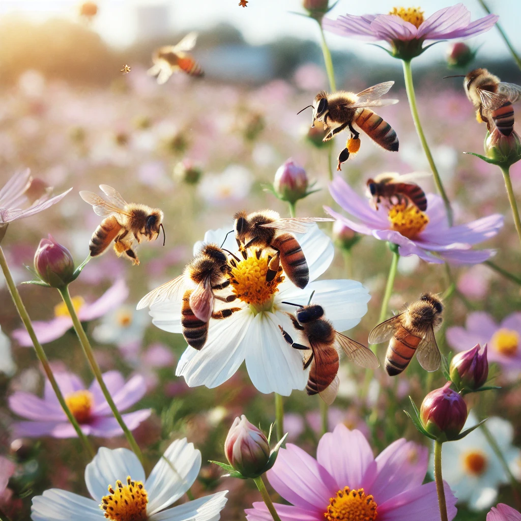 Des abeilles pollinisant des fleurs dans un champ