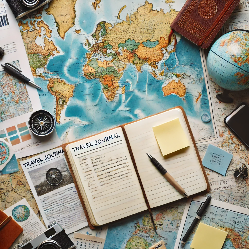 Préparation du carnet de voyage avec des cartes et des recherches.