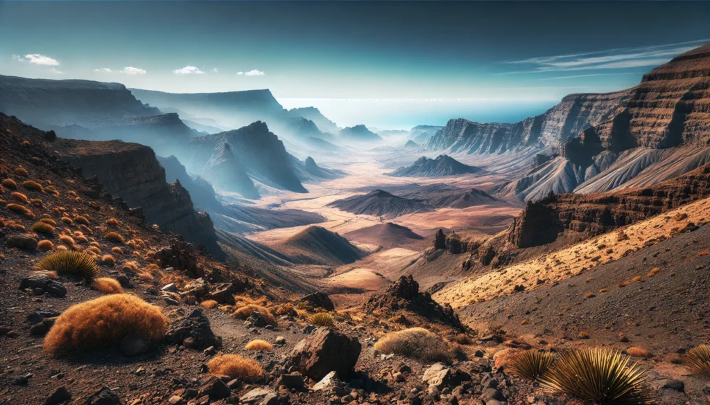 Vue de la Caldeira de Taburiente avec des formations rocheuses et un ciel bleu