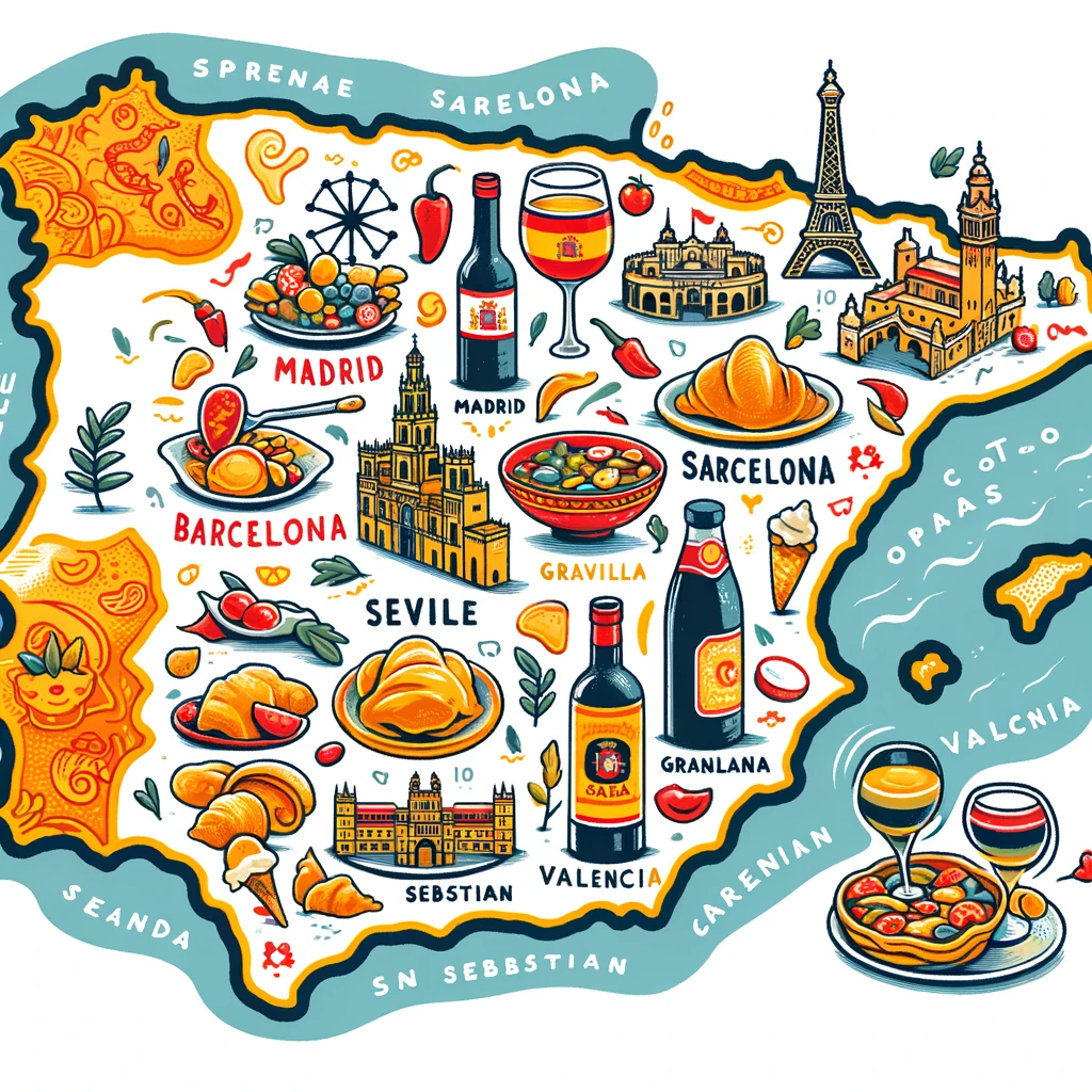 Une carte de l'Espagne avec des illustrations de tapas et des icônes représentant Madrid, Barcelone, Séville, Grenade, Saint-Sébastien et Valence.