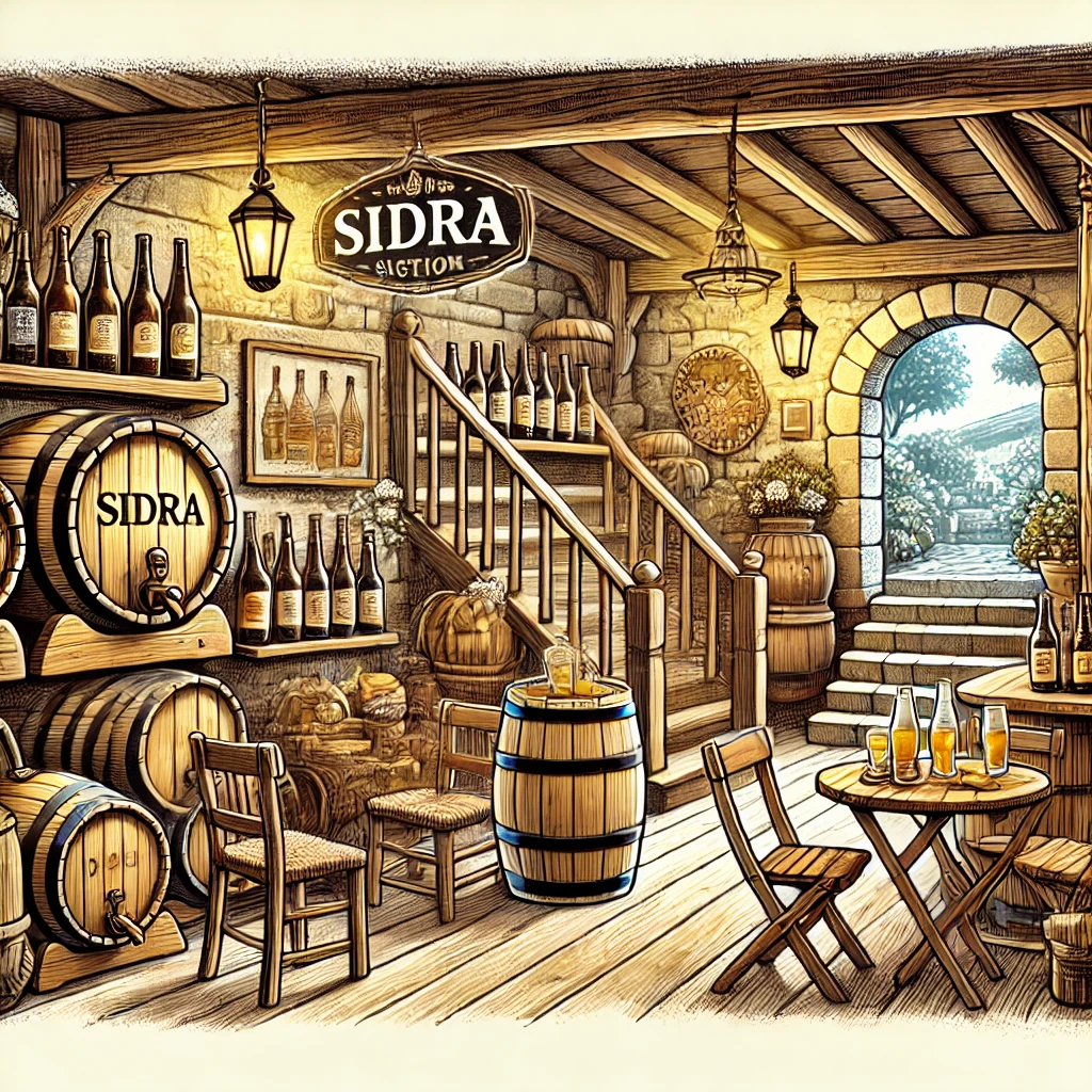 Une cidrerie traditionnelle dans les Asturies, Espagne, avec une décoration rustique.