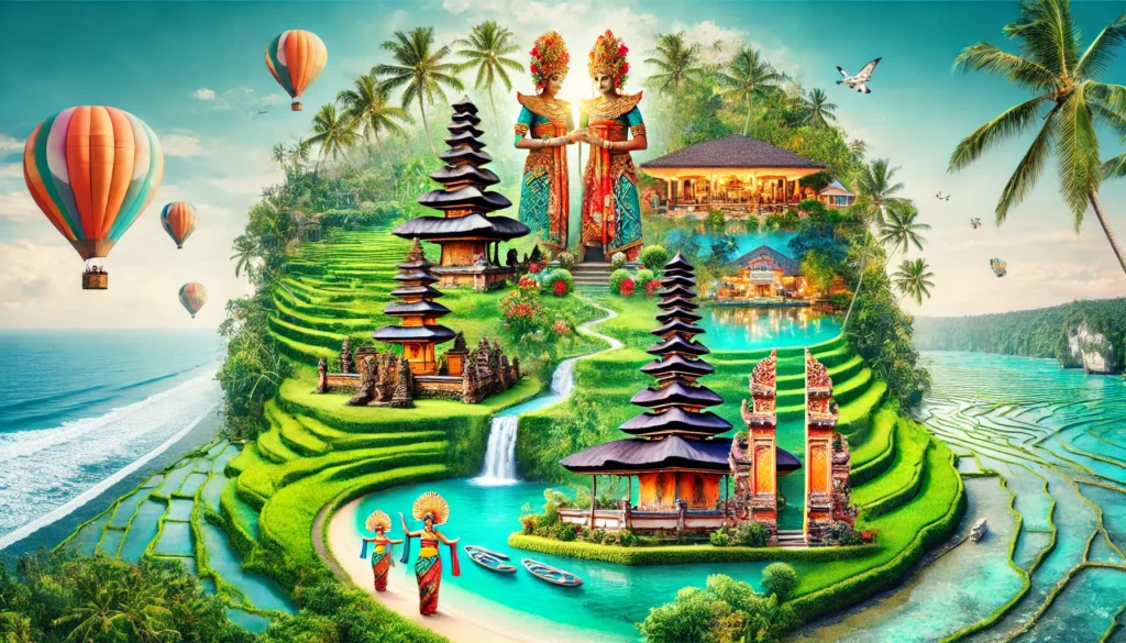 Une image capturant l'essence de Bali avec des rizières verdoyantes, des plages turquoise, des temples traditionnels et des danseurs en tenue traditionnelle.