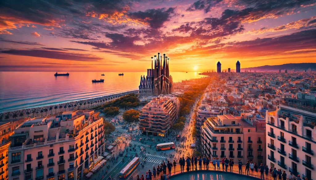 Un magnifique coucher de soleil sur la ville de Barcelone, capturant la Sagrada Familia et la plage
