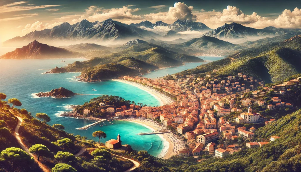 Panorama de la Corse avec montagnes, plages et villages