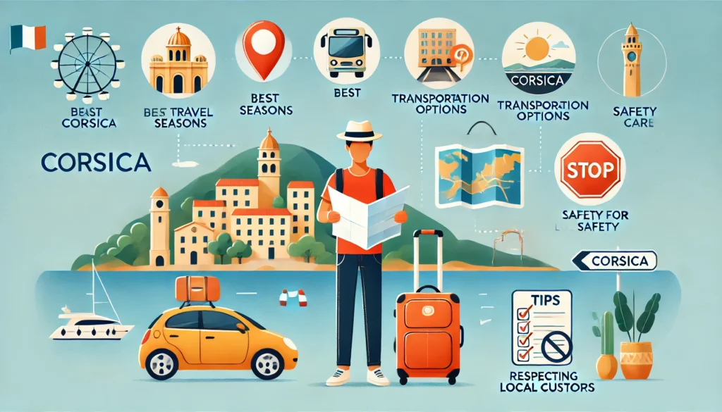 Touriste en Corse avec carte, voiture de location et valise