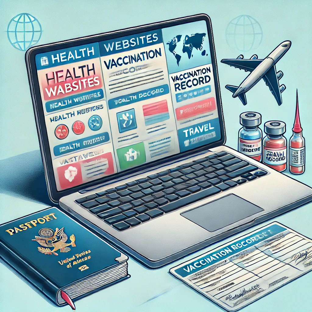 Un ordinateur portable affichant des sites web de santé, un carnet de vaccination et des documents de voyage.