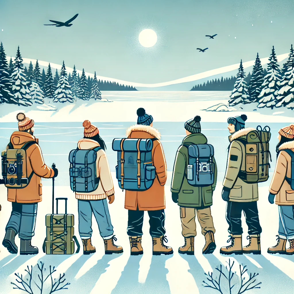 Voyageurs bien équipés explorant la Laponie en hiver