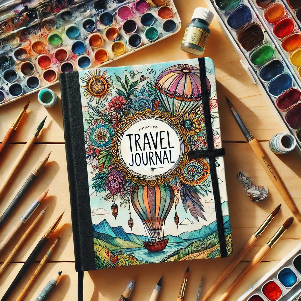Une couverture de carnet de voyage avec des outils de dessin autour.