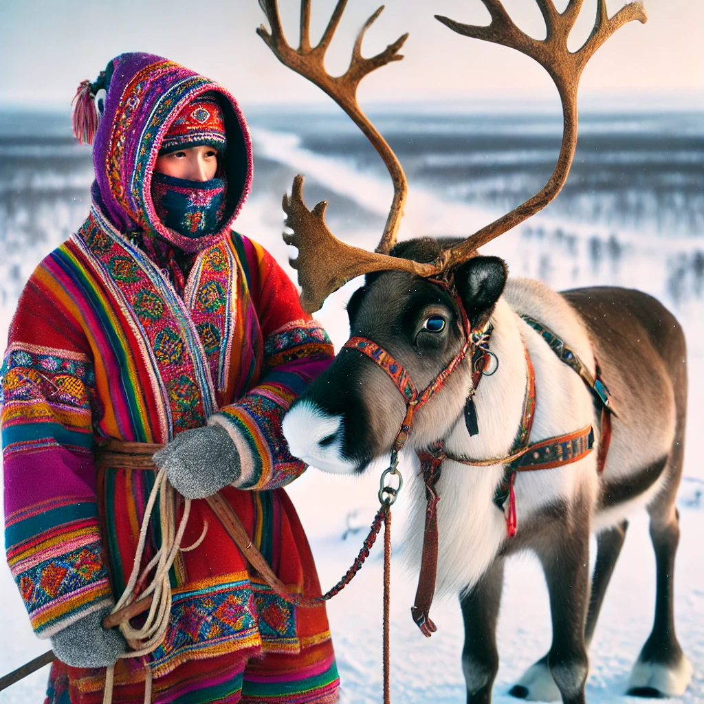 Un Sami en habit traditionnel avec un renne
