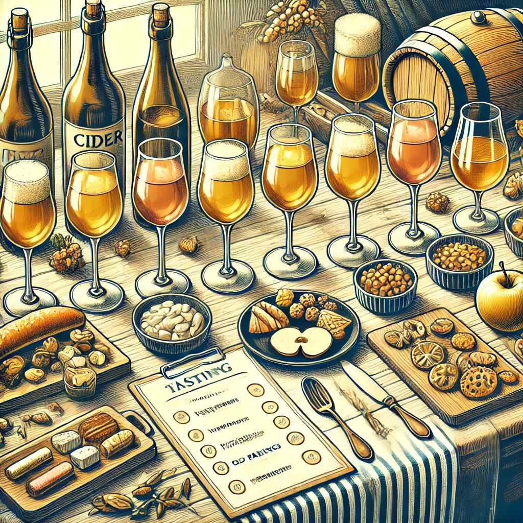 Table de dégustation avec des verres de cidre, des mets assortis et des accessoires de dégustation.