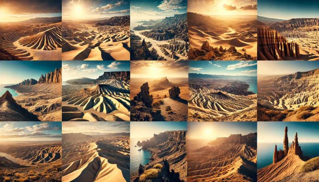 Vue panoramique des différents déserts et paysages arides d'Espagne