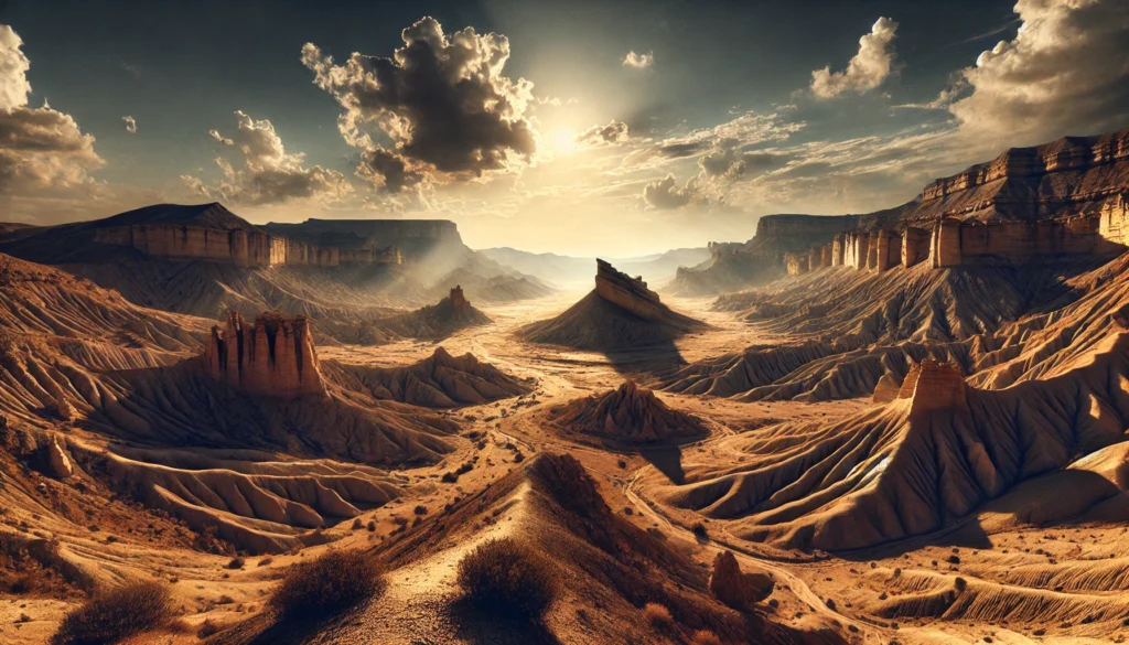 Paysage du désert de Tabernas avec des formations rocheuses et des terrains arides