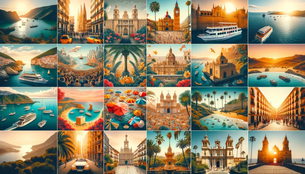 Un collage représentant la diversité des destinations de vacances en Espagne, incluant l'architecture emblématique de Barcelone, l'histoire riche de Madrid, la passion du flamenco à Séville, et les plages paradisiaques d'Ibiza. Le collage intègre également des conseils pratiques pour organiser un voyage, comme les meilleures périodes pour visiter, les options de transport, les recommandations d'hébergement, des phrases utiles en espagnol et des conseils de sécurité.