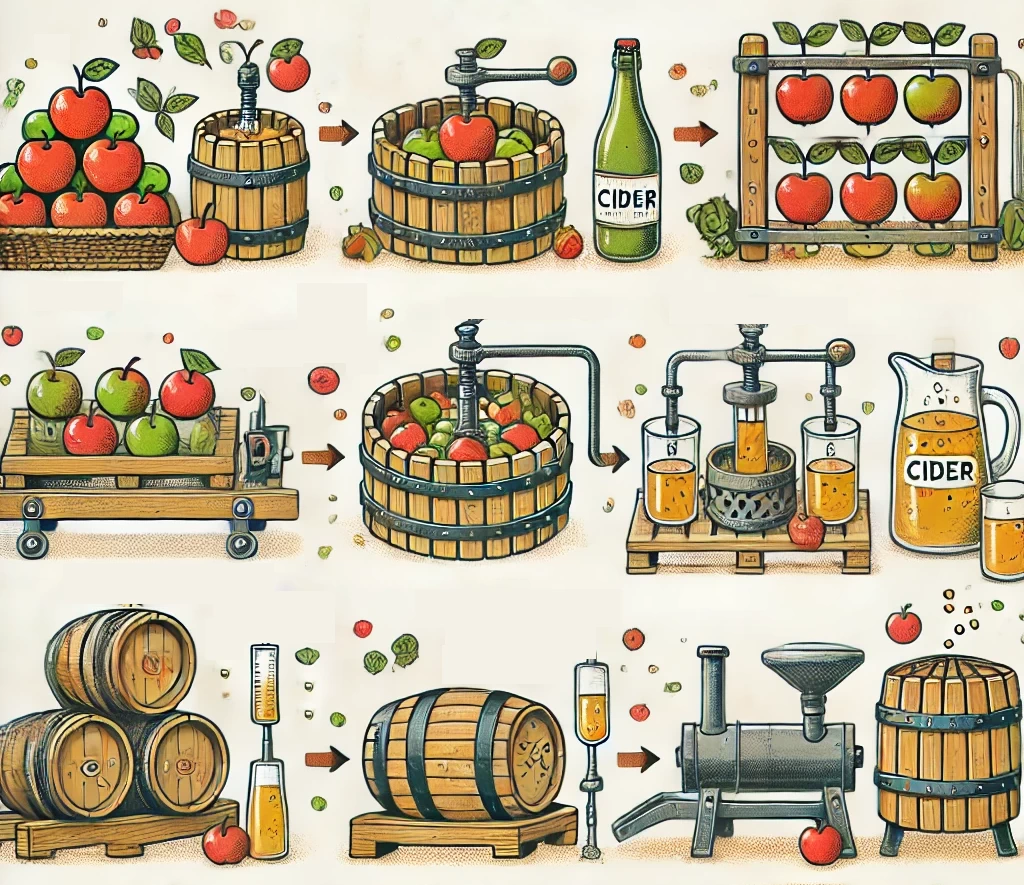 Étapes de la fabrication du cidre, de la récolte des pommes à la mise en bouteille.