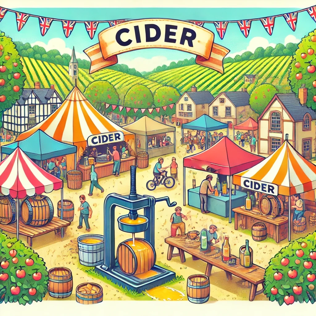Scène de festival avec des stands de cidre, des démonstrations de pressage et des animations festives.