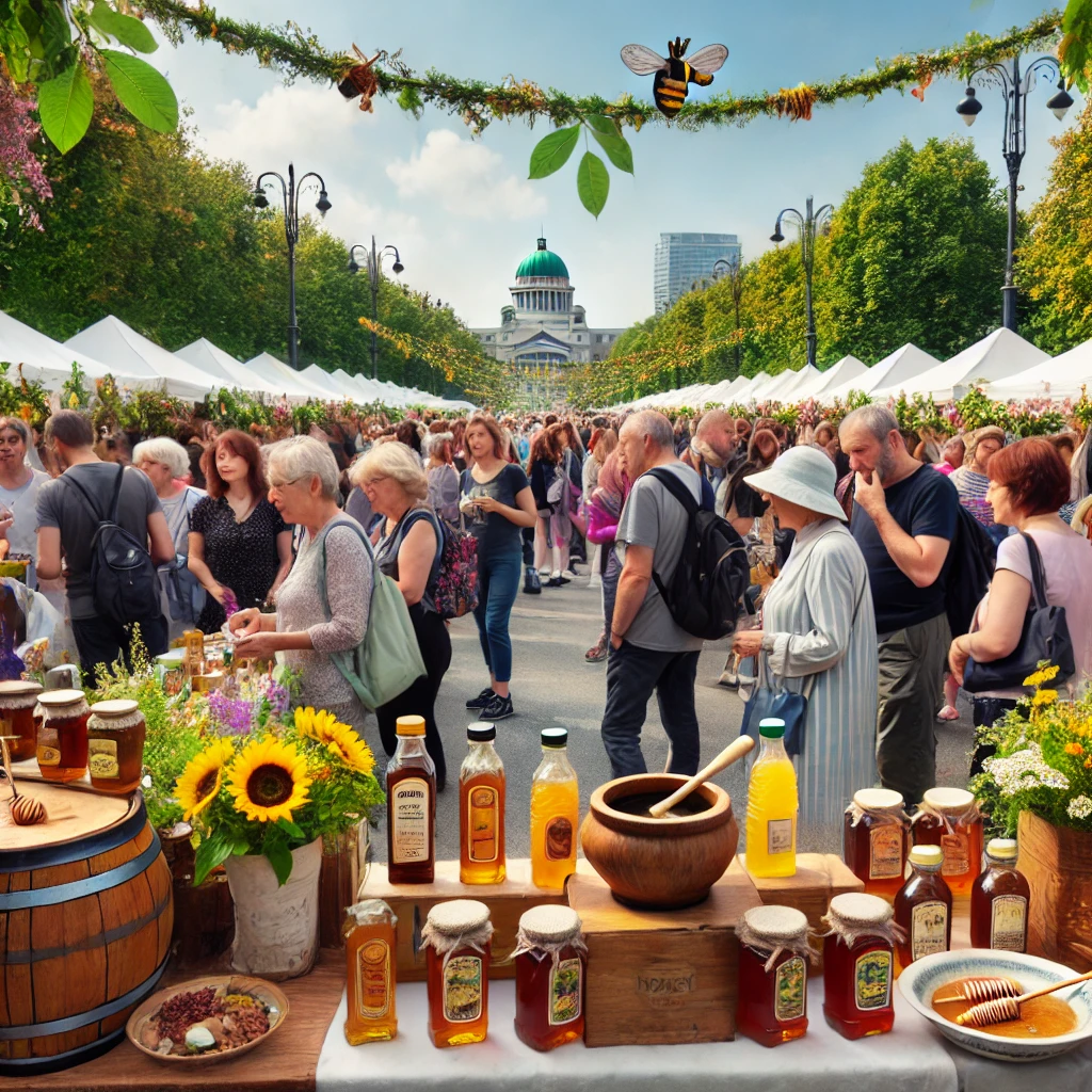 Un festival du miel avec des stands de dégustation et des visiteurs