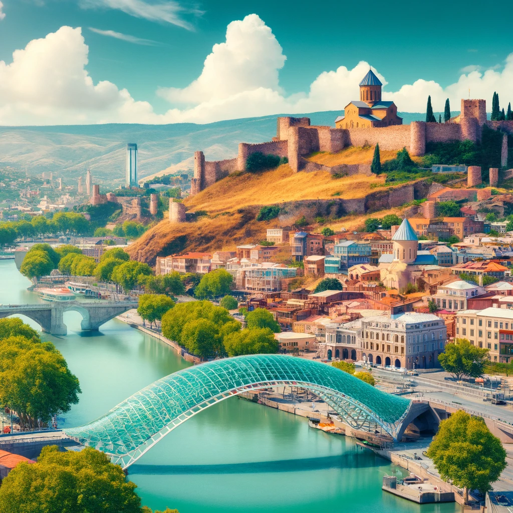 Illustration de la forteresse de Narikala et du pont de la Paix à Tbilissi, Géorgie.