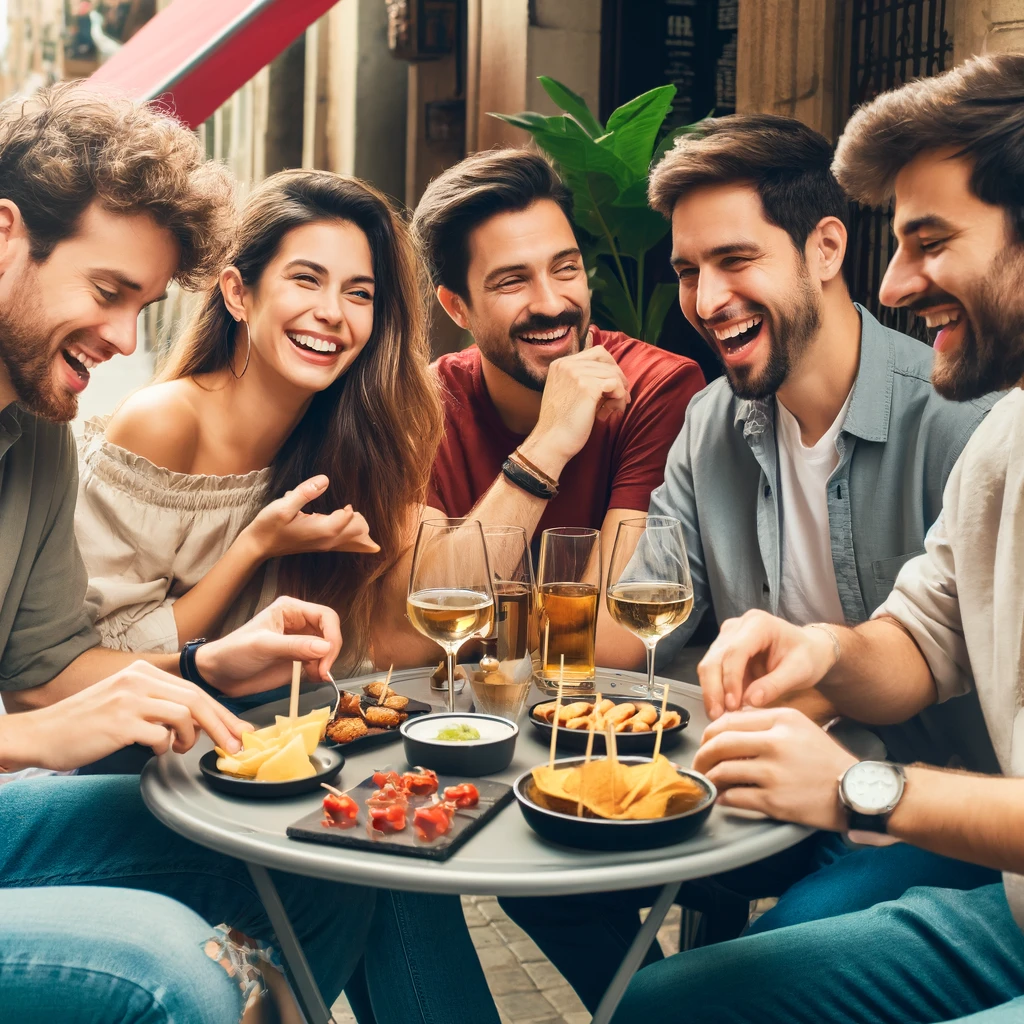Un groupe d'amis assis à une table en extérieur dans un bar à tapas espagnol, partageant plusieurs plats de tapas et des boissons.