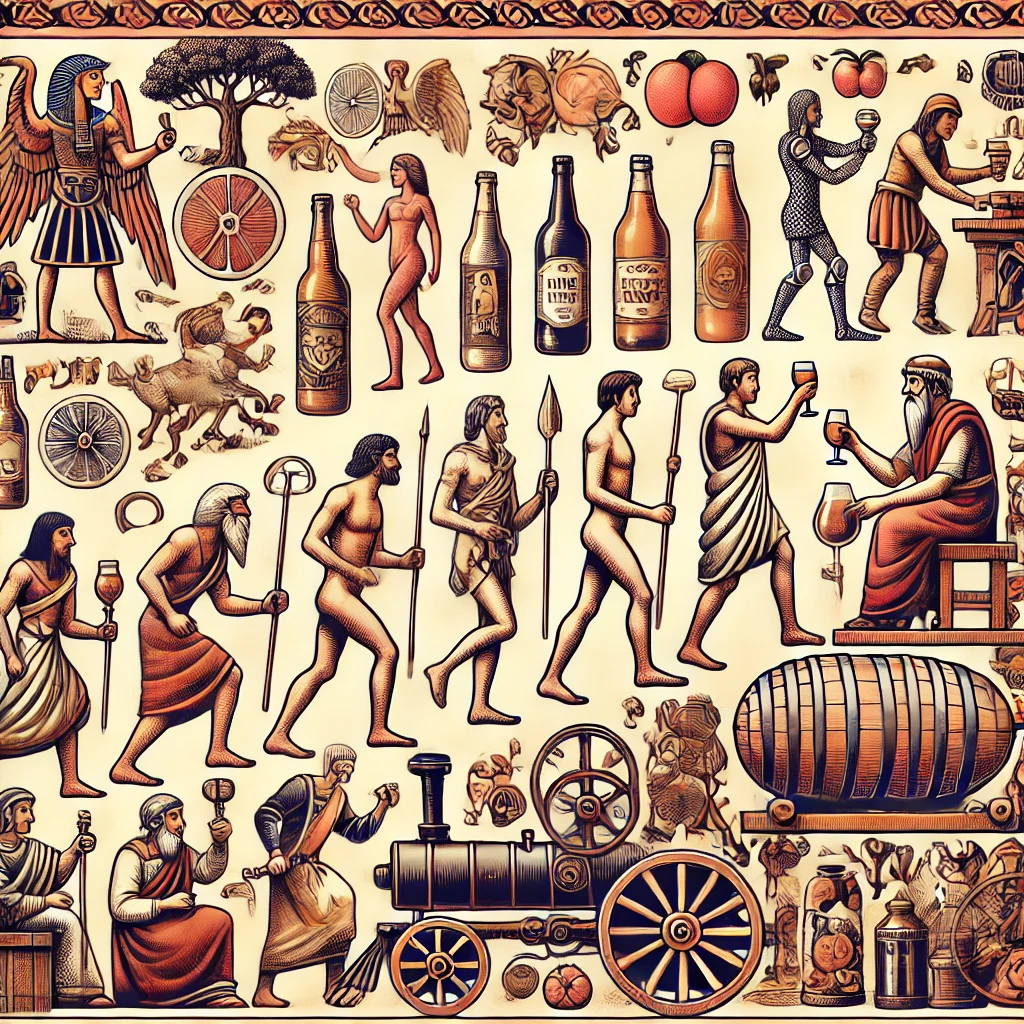 Illustration représentant l'évolution du cidre à travers les âges avec des éléments historiques.